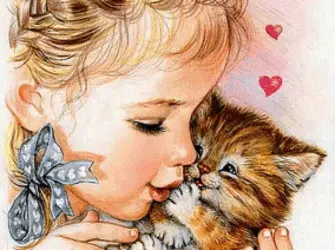 Девочка с котятами. Открытка для детей