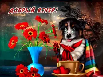 Добрый вечертс собачками. Открытка для детей