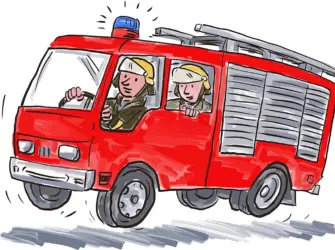 Шарж пожарный с машиной. Открытка с поздравлением